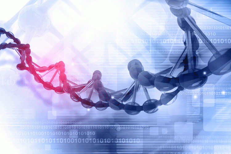 Purple DNA strand on a blue to grey gradient background