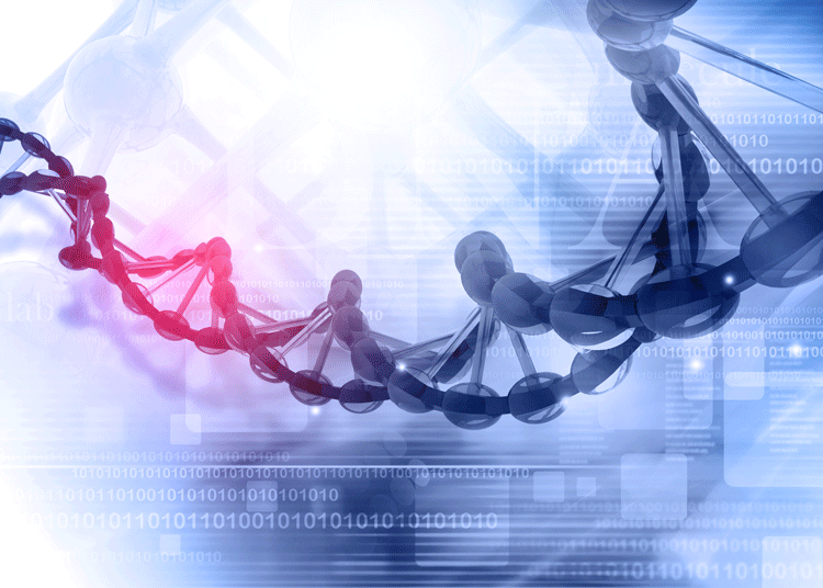 Purple DNA strand on a blue to grey gradient background