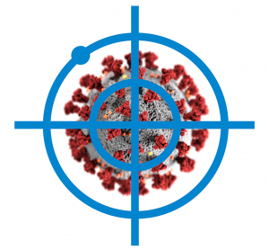 coronavirus particle on grey with red spike proteins under blue crosshares