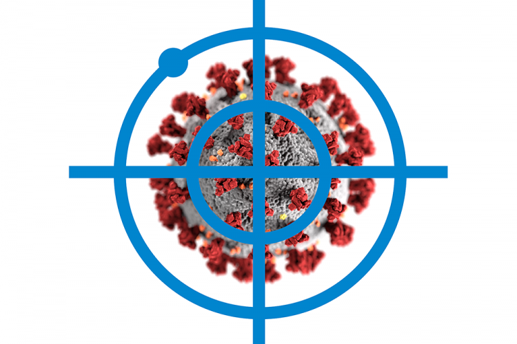 coronavirus particle on grey with red spike proteins under blue crosshares