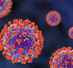 SARS-CoV-2, the coronavirus that causes COVID-19, 3D illustration shows surface spikes of the virus Glycoprotein S (red), M-protein (light green), E-protein (blue)