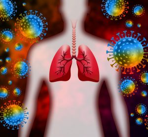 colourful SARS-CoV-2 particles surrounding a body shape with the lungs drawn in red