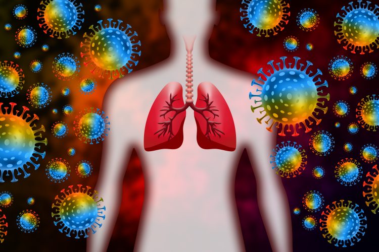 colourful SARS-CoV-2 particles surrounding a body shape with the lungs drawn in red