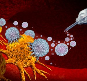 cartoon of a syringe with white blobs coming out of it to attack yellow cancerous cells in tissue - idea of a cancer vaccine