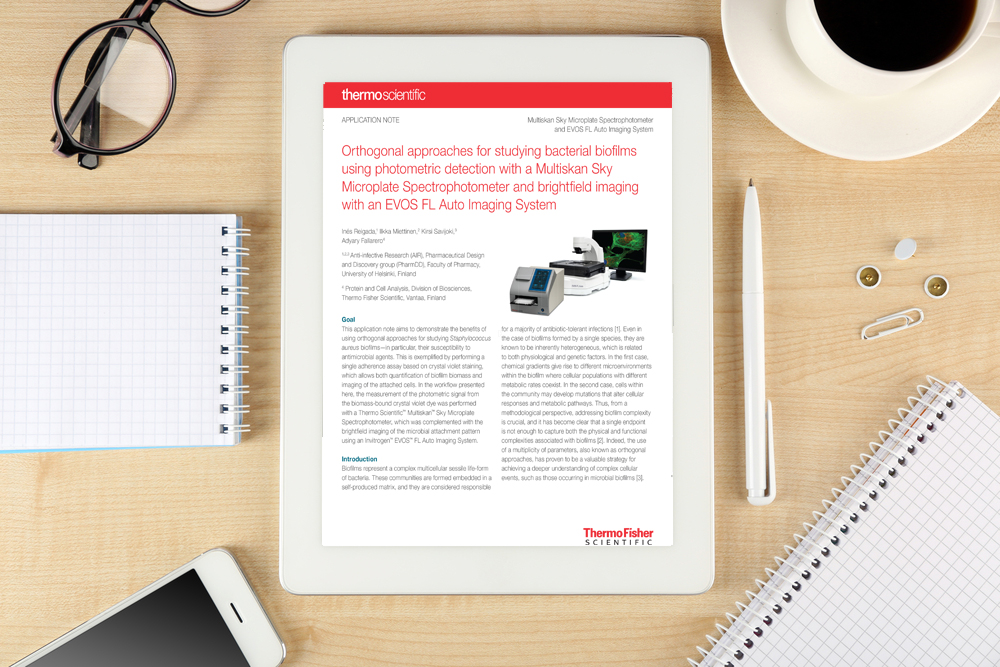 Application note: Orthogonal approaches for studying bacterial biofi lms using photometric detection with a Multiskan Sky Microplate Spectrophotometer and brightfi eld imaging with an EVOS FL Auto Imaging System