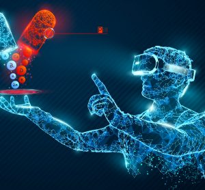 Graphic of a person wearing Virtual Reality goggles pointing at two different medication pills