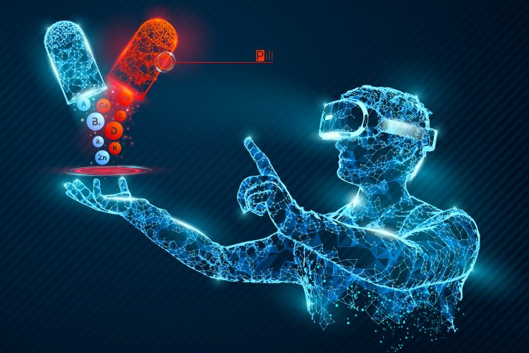 Graphic of a person wearing Virtual Reality goggles pointing at two different medication pills