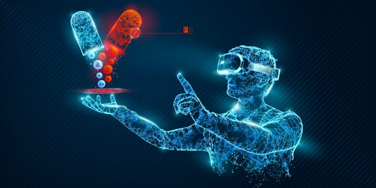 Graphic of a person wearing Virtual Reality goggles pointing at two different medication pills