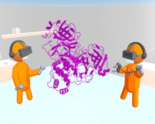 A cartoon showing two orange blob people wearing VR goggles and and using iMD-VR to model how a viral protein binds to the SARS-CoV-2 main protease [Credit: University of Bristol].