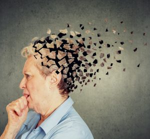 old woman with back of head disintegrating - idea of age related cognitive decline