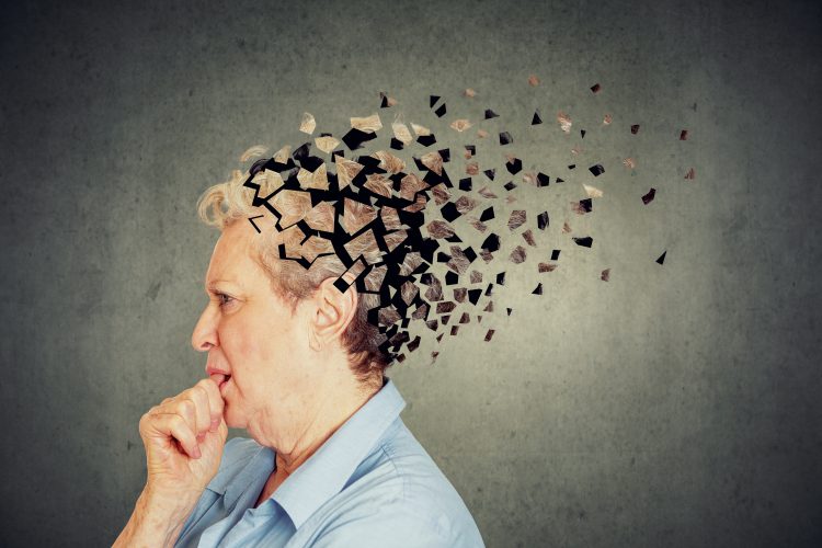 old woman with back of head disintegrating - idea of age related cognitive decline