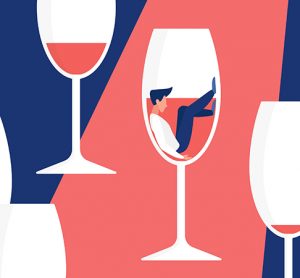 Cartoon man addict drinker character sitting in glass for red wine drink, alcoholism metaphor and hangover illness, social bad habit problem background