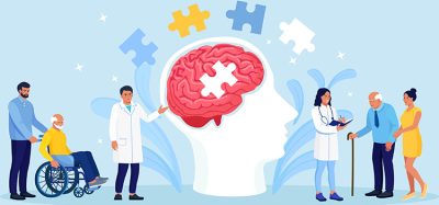 Doctor helping elder patients with Alzheimer disease. Senior care and assistance concept. Shattering human brain, memory loss and mental problems. Neurology therapy. Vector illustration
