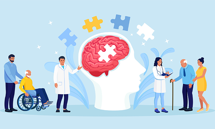 Doctor helping elder patients with Alzheimer disease. Senior care and assistance concept. Shattering human brain, memory loss and mental problems. Neurology therapy. Vector illustration