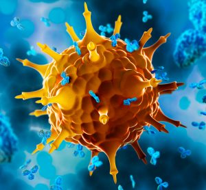 yellow viral particle surrouned by blue antibodies