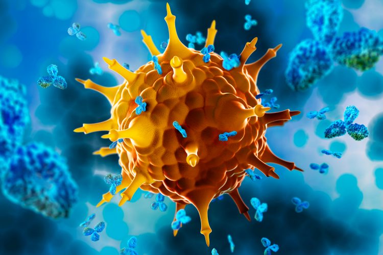 yellow viral particle surrouned by blue antibodies