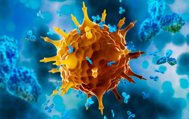 yellow viral particle surrouned by blue antibodies