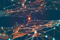 Global network. Blockchain. 3D illustration. Neural networks and artificial intelligence. Abstract technological background with binary code elements