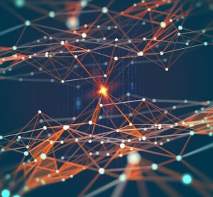 Global network. Blockchain. 3D illustration. Neural networks and artificial intelligence. Abstract technological background with binary code elements