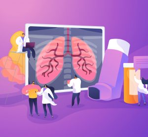 cartoon of doctors looking at a lung diagram, stood next to a giant inhaler and a bottle of pills - idea of asthma/COPD treatment/drug development
