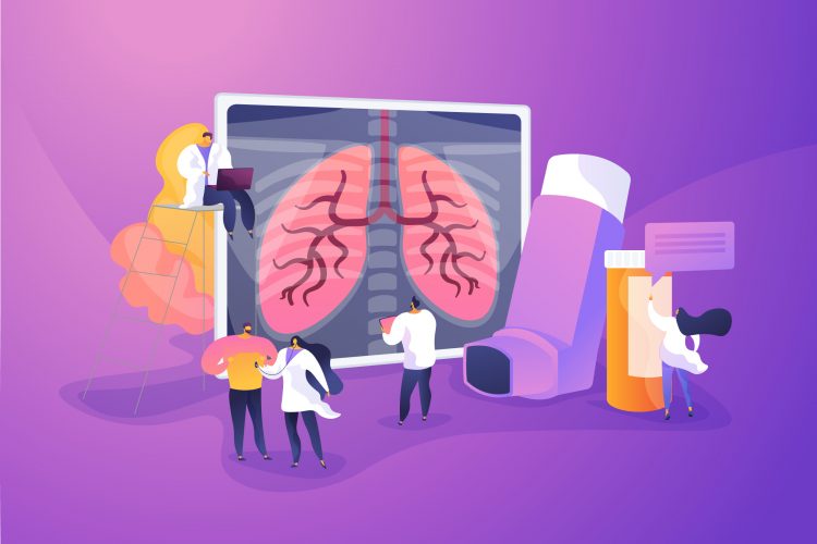 cartoon of doctors looking at a lung diagram, stood next to a giant inhaler and a bottle of pills - idea of asthma/COPD treatment/drug development