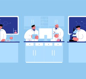 Scientists working in a lab vector concept illustration. Biochemistry experiments, Vaccine and drug treatment development, clinical research vector illustration for web and app