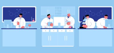 Scientists working in a lab vector concept illustration. Biochemistry experiments, Vaccine and drug treatment development, clinical research vector illustration for web and app