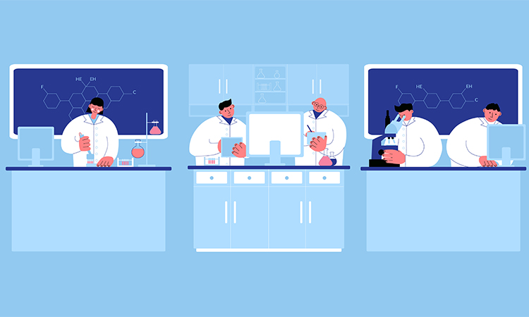 Scientists working in a lab vector concept illustration. Biochemistry experiments, Vaccine and drug treatment development, clinical research vector illustration for web and app