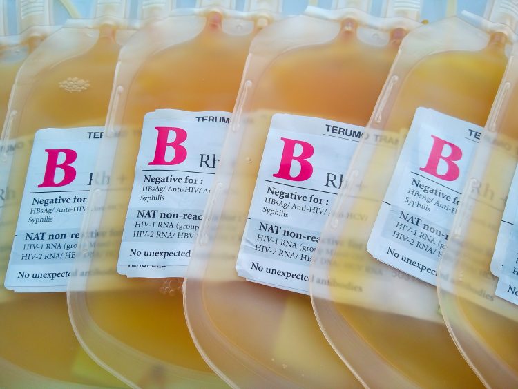 bags of yellow-coloured blood plasma labelled for use as therapeutics