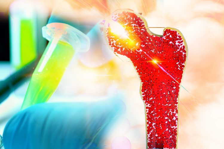 long bone (femur) in red with a gloved hand holding an eppendorf of yellow liquid behind - idea of bone marrow cancer therapy development