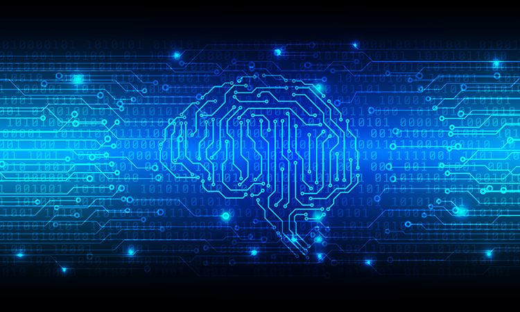 Circuit Board With Encoder And Decoder Binary Code Vector Background. Blue Abstract Brain Security Technology Illustration.