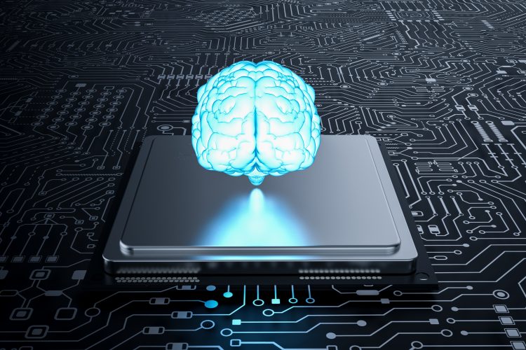 blue glowing brain hovering above a computer chip