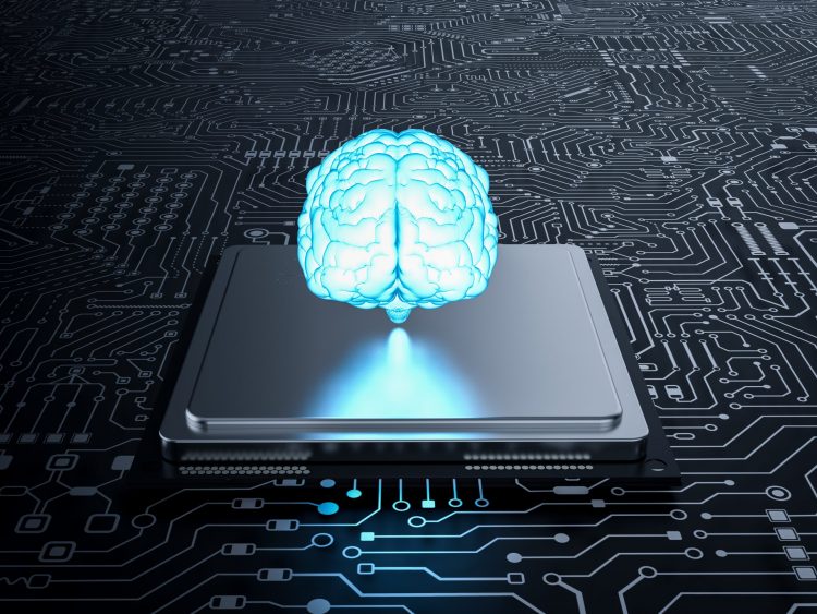 blue glowing brain hovering above a computer chip