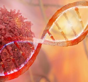 DNA strand and Cancer Cell Oncology Research Concept 3D rendering