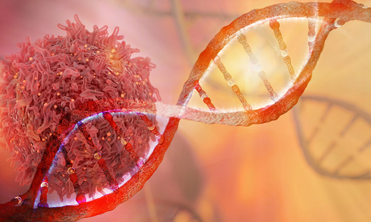 DNA strand and Cancer Cell Oncology Research Concept 3D rendering