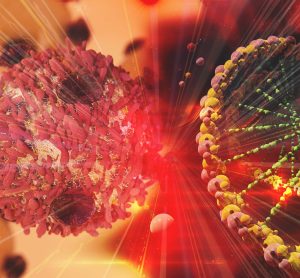cancer cell next to a DNA strnd, idea of cancer genetic mutations