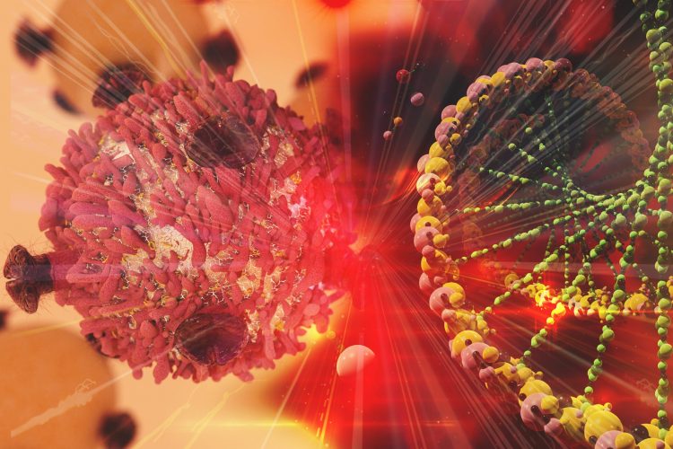 cancer cell next to a DNA strnd, idea of cancer genetic mutations