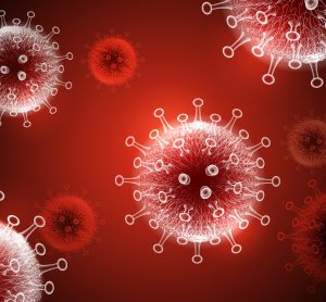outlines of coronavirus particles in white on a red background