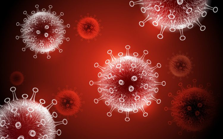 outlines of coronavirus particles in white on a red background