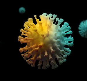 coronavirus particle in white on a black background