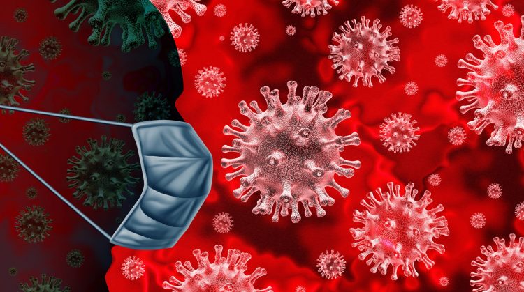 coronavirus particle with man with face mask on