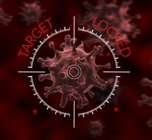 SARS-CoV-2 viral particle in crosshares with words 'target locked' above