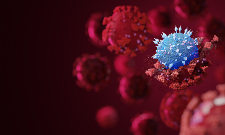 3D render illustration covid-19 cell delta plus variant. B.1.1.529,B.1640.1,deltacron,COVID 19 variant of SARS-CoV-2 in 2022.Mutated coronavirus SARS-CoV-2 flu disease pandemic