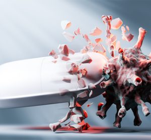 Effective drug, medicine against coronavirus COVID-19. Treatment research, hope for the future. 3D render