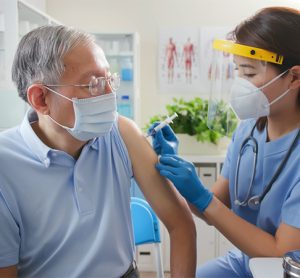 nurse wearing gloves and isolation mask is preparing a coronavirus vaccination in the shoulder of senior patient at hospital