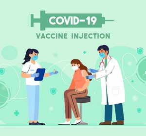 COVID-19 Vaccine injection vector illustration. A doctor injects a coronavirus vaccine to a patient on green background