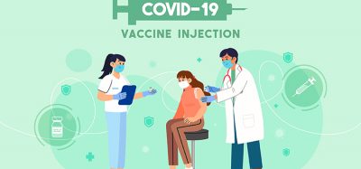 COVID-19 Vaccine injection vector illustration. A doctor injects a coronavirus vaccine to a patient on green background