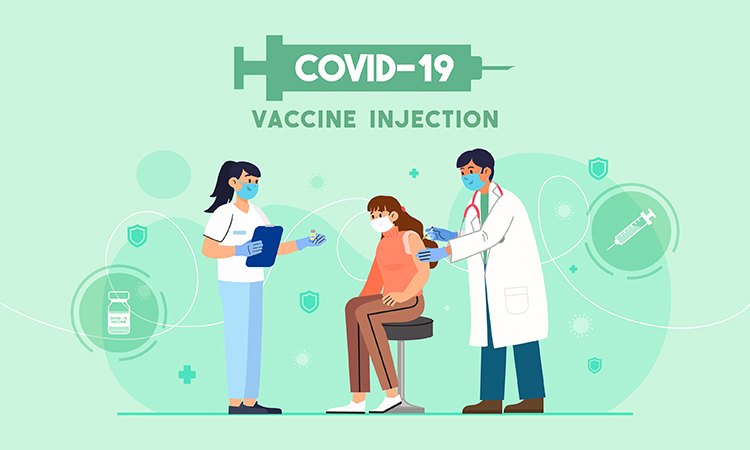 COVID-19 Vaccine injection vector illustration. A doctor injects a coronavirus vaccine to a patient on green background