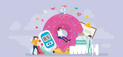 Cartoon of diabetes patients surrounded by doughnut, insulin, doctor and noticeboard
