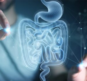 Man on dark background using digital x-ray of human intestine holographic scan projection 3D rendering
